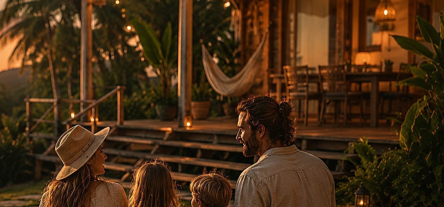 Eine Familie kommt am Abend bei einem Holzhaus mit Veranda an