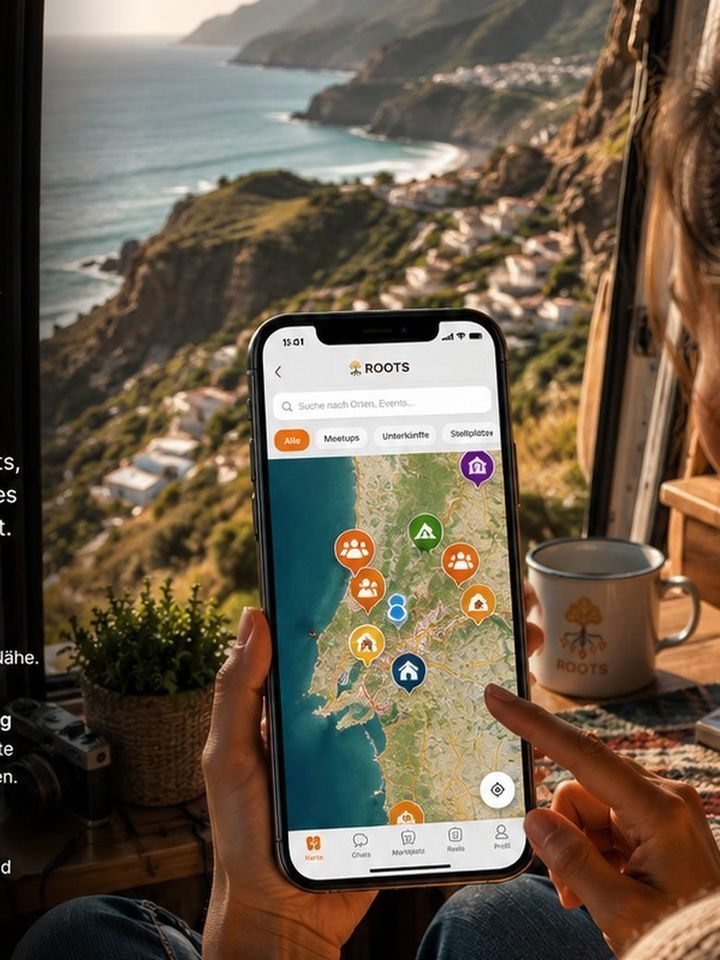 Blick aus einem Van auf die Küste, in der Hand die Karte von Rootsapp mit Unterkünften und Stellplätzen