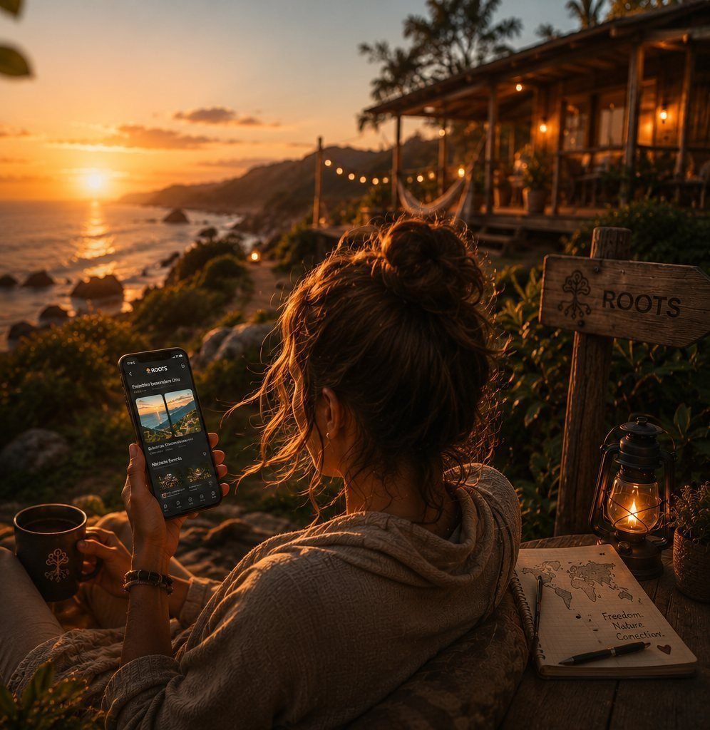 Eine Frau sitzt am Abend mit Blick aufs Meer und schaut auf die Rootsapp-App