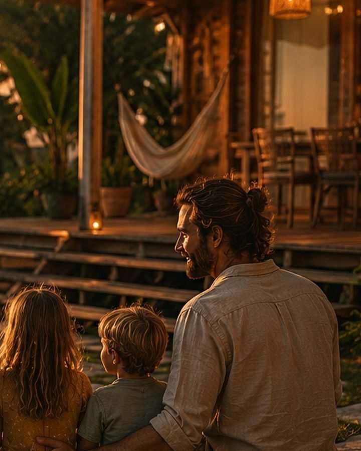 Eine Familie kommt am Abend bei einem Holzhaus mit Veranda an