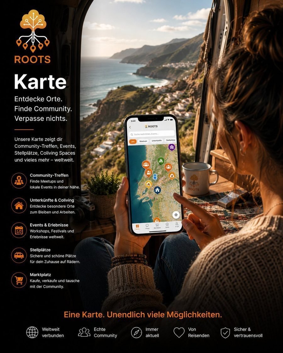 Poster „Karte“: Blick aus einem Van auf die Küste, in der Hand ein Telefon mit der Rootsapp-Karte voller Pins für Meetups, Unterkünfte und Stellplätze.