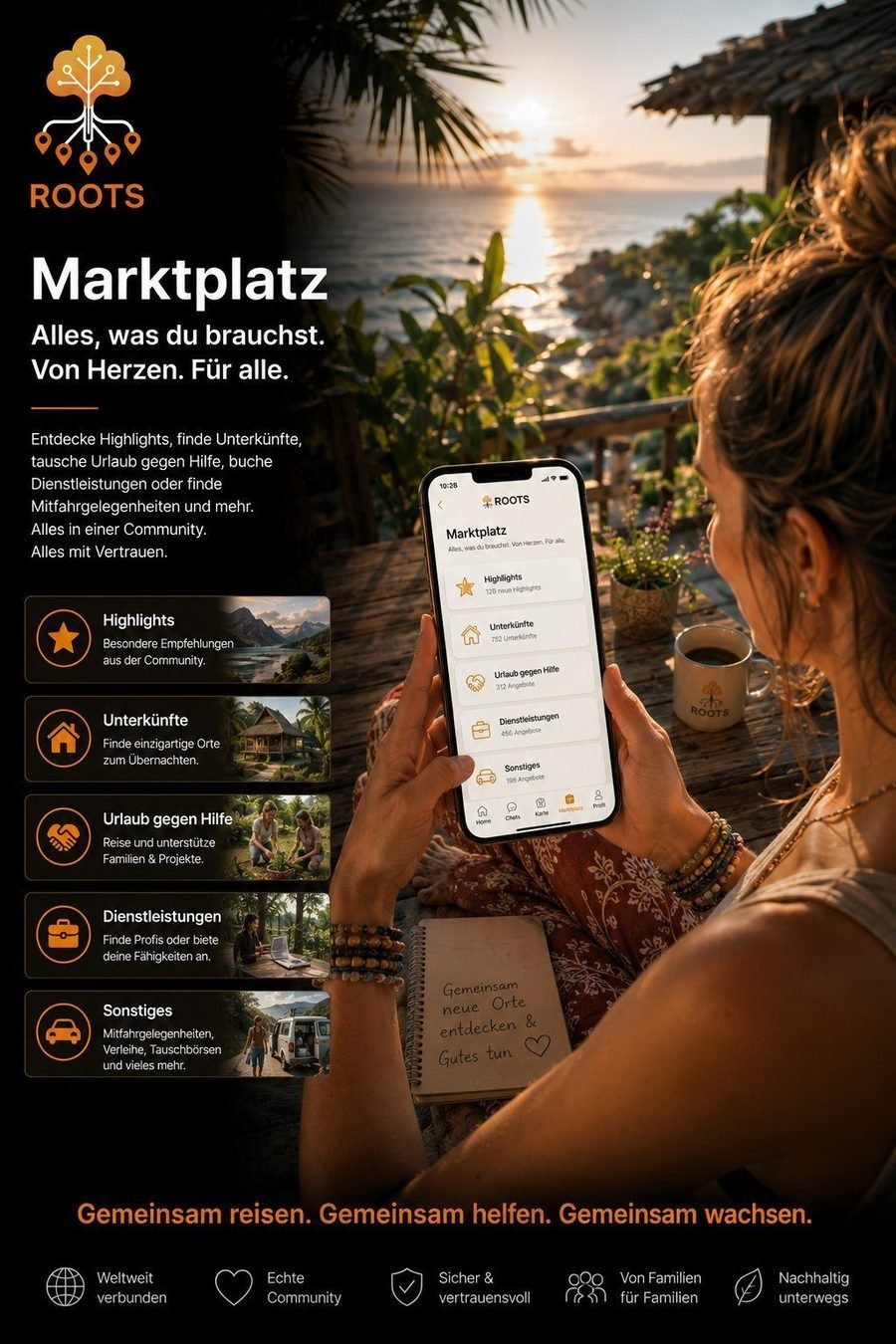 Poster „Marktplatz“: Frau auf einer Terrasse über dem Meer mit dem Rootsapp-Marktplatz auf dem Telefon, daneben die Kategorien Highlights, Unterkünfte, Urlaub gegen Hilfe, Dienstleistungen und Sonstiges.