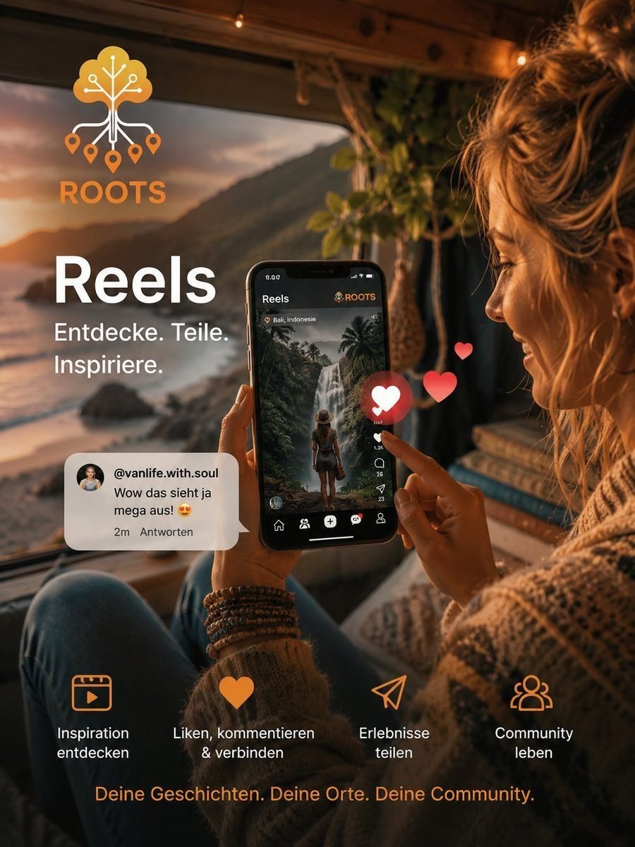 Poster „Reels“: Eine Frau sitzt im Van vor dem Sonnenuntergang und tippt ein Reel aus Bali doppelt an, darüber steigen Herzen auf. Darunter die Punkte Inspiration entdecken, Liken und kommentieren, Erlebnisse teilen und Community leben.