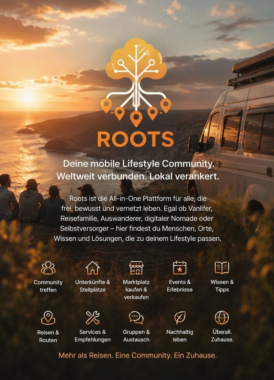 Poster „Deine mobile Lifestyle Community“: Rootsapp-Logo über einer Küste bei Sonnenuntergang, darunter zehn Symbole für Community, Unterkünfte, Marktplatz, Events, Wissen, Reisen, Services, Gruppen, Nachhaltigkeit und Zuhause.